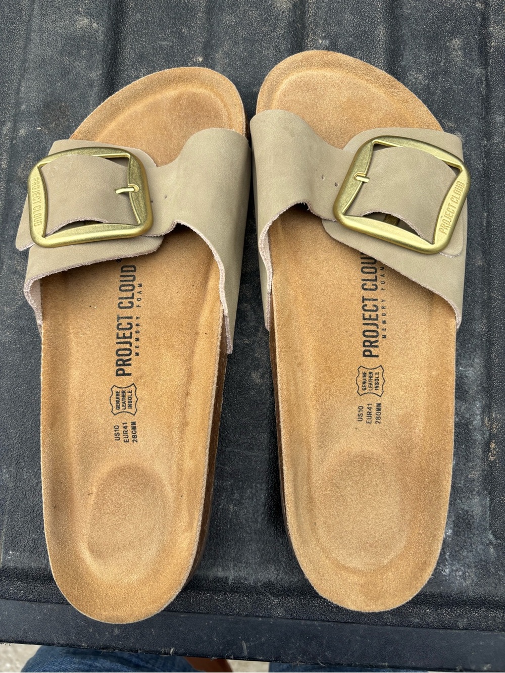 Project Cloud Tan Slide Sandals with Gold Buckle